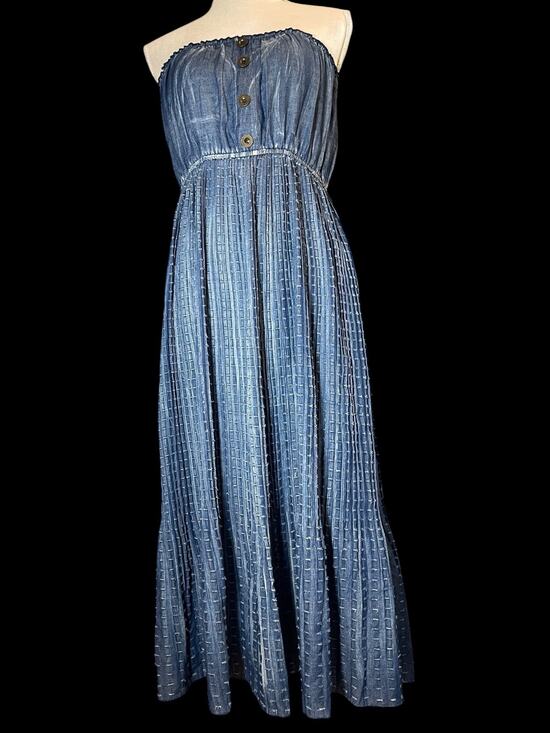 Millenium Dresses & Skirts - Millenium Denim Look Dobby Dot Strapless Maxi Dress – Blue Pleated Cottagecore